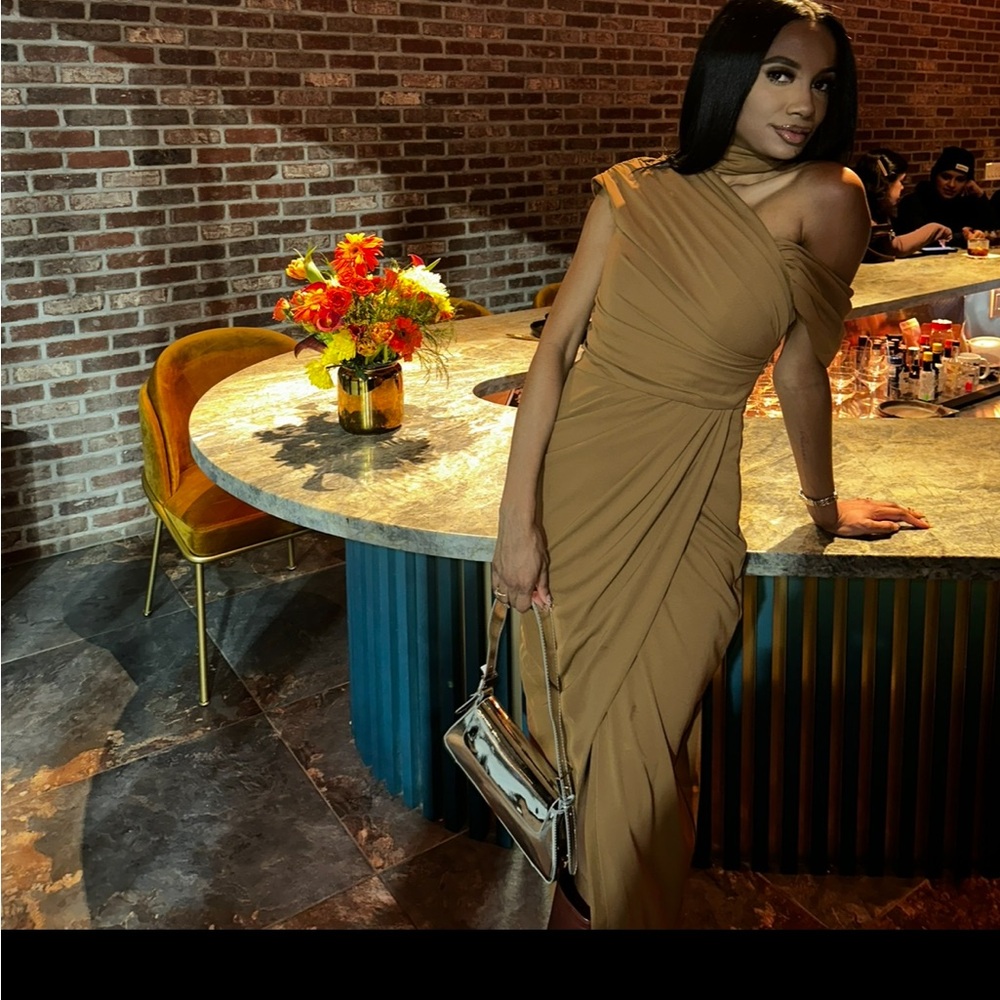 Asymmetrical draped gown in cognac